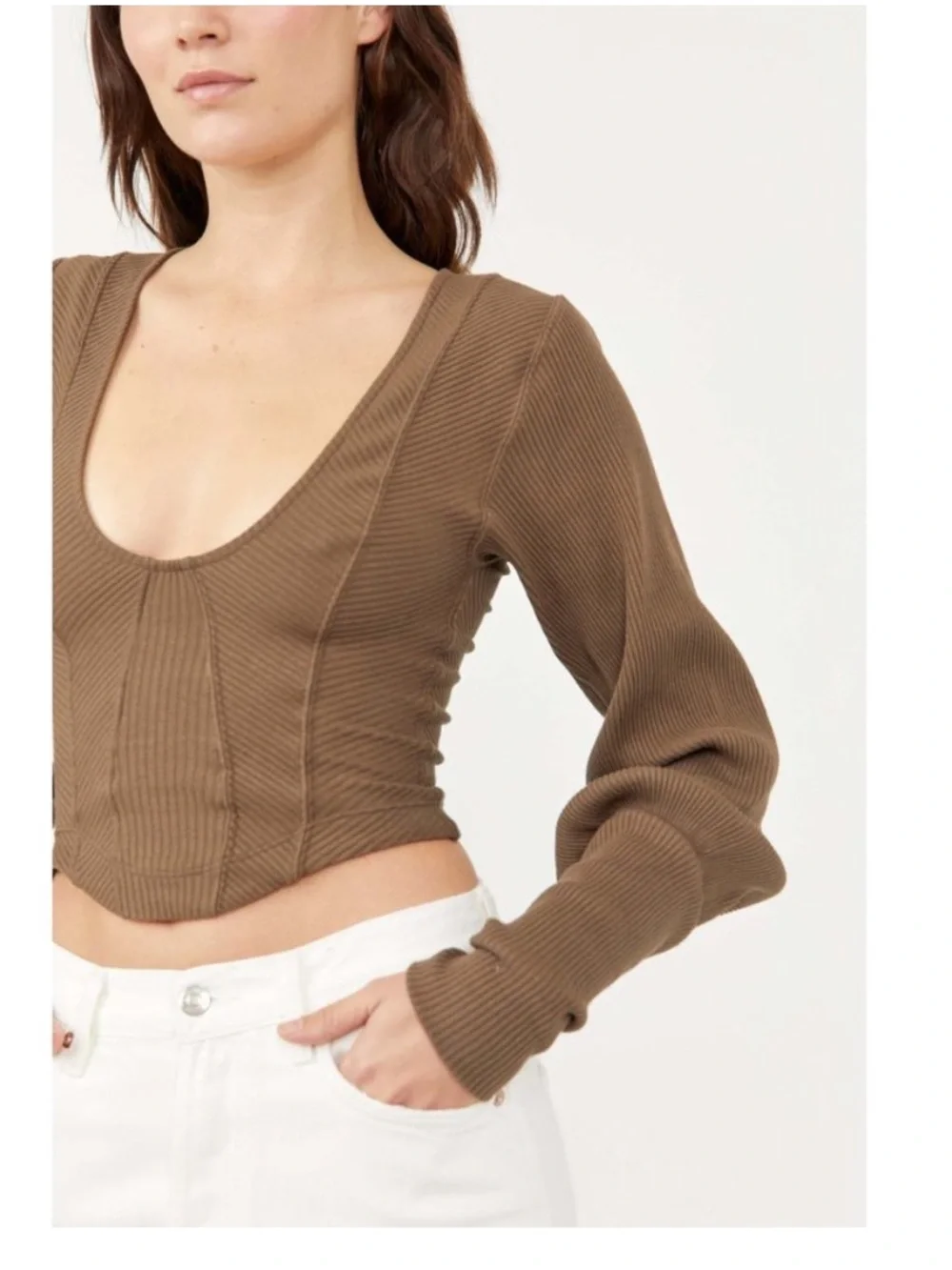 Free People Petra Scoop-Neck Crop Top in Tortoise Shell Brown - Picture 2 of 10